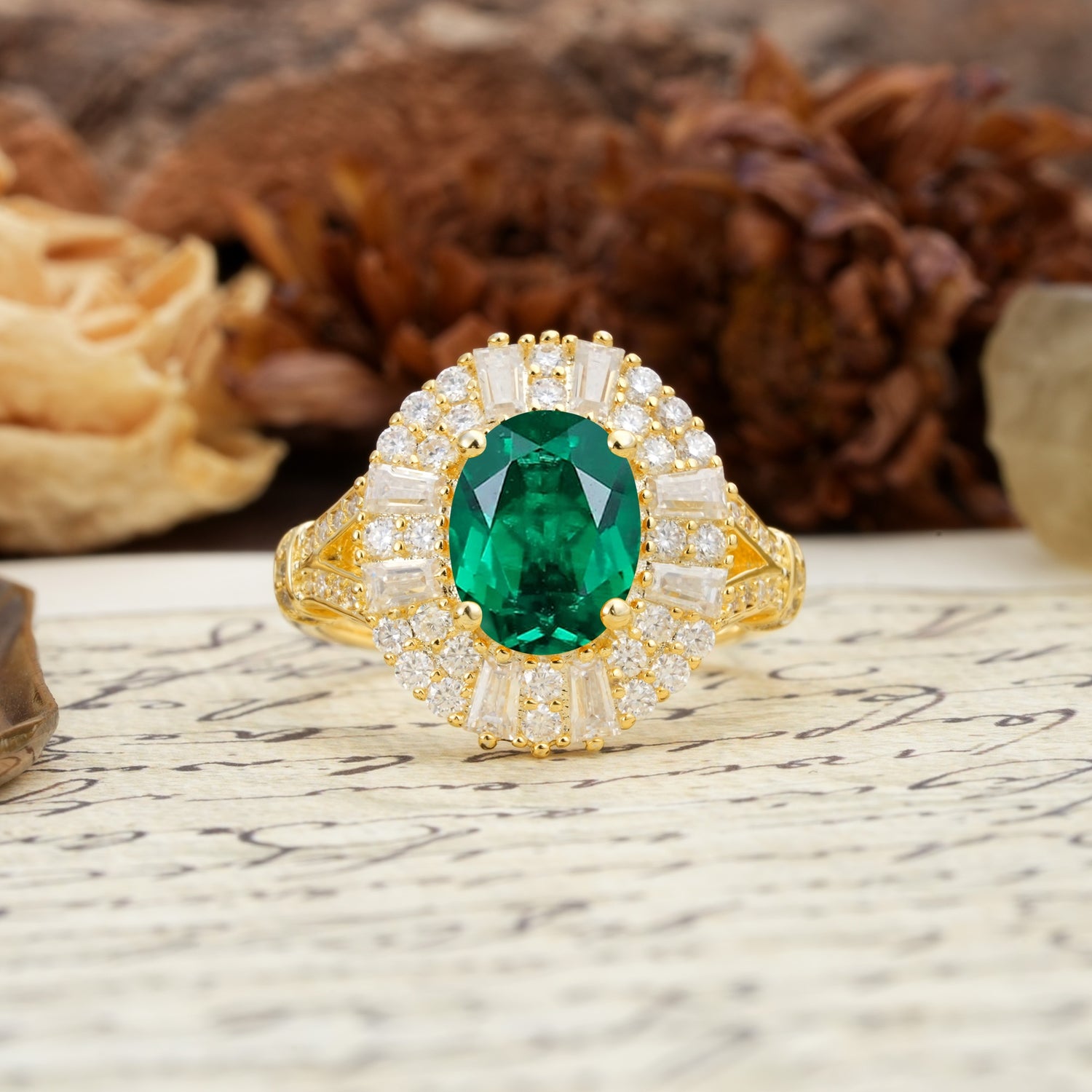 Luxurious Vintage-Style Pavé-Set Diamonds, 4-Prong Oval Cut Emerald Engagement Ring - Additional view