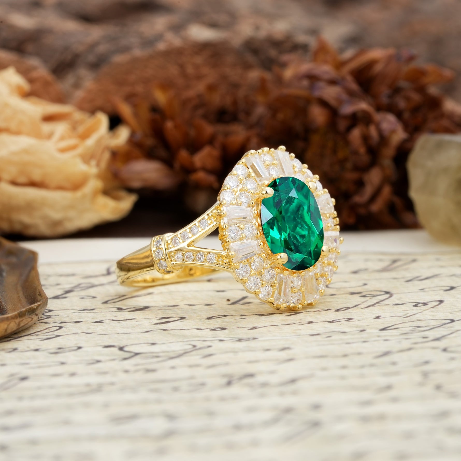 Luxurious Vintage-Style Pavé-Set Diamonds, 4-Prong Oval Cut Emerald Engagement Ring - Additional view