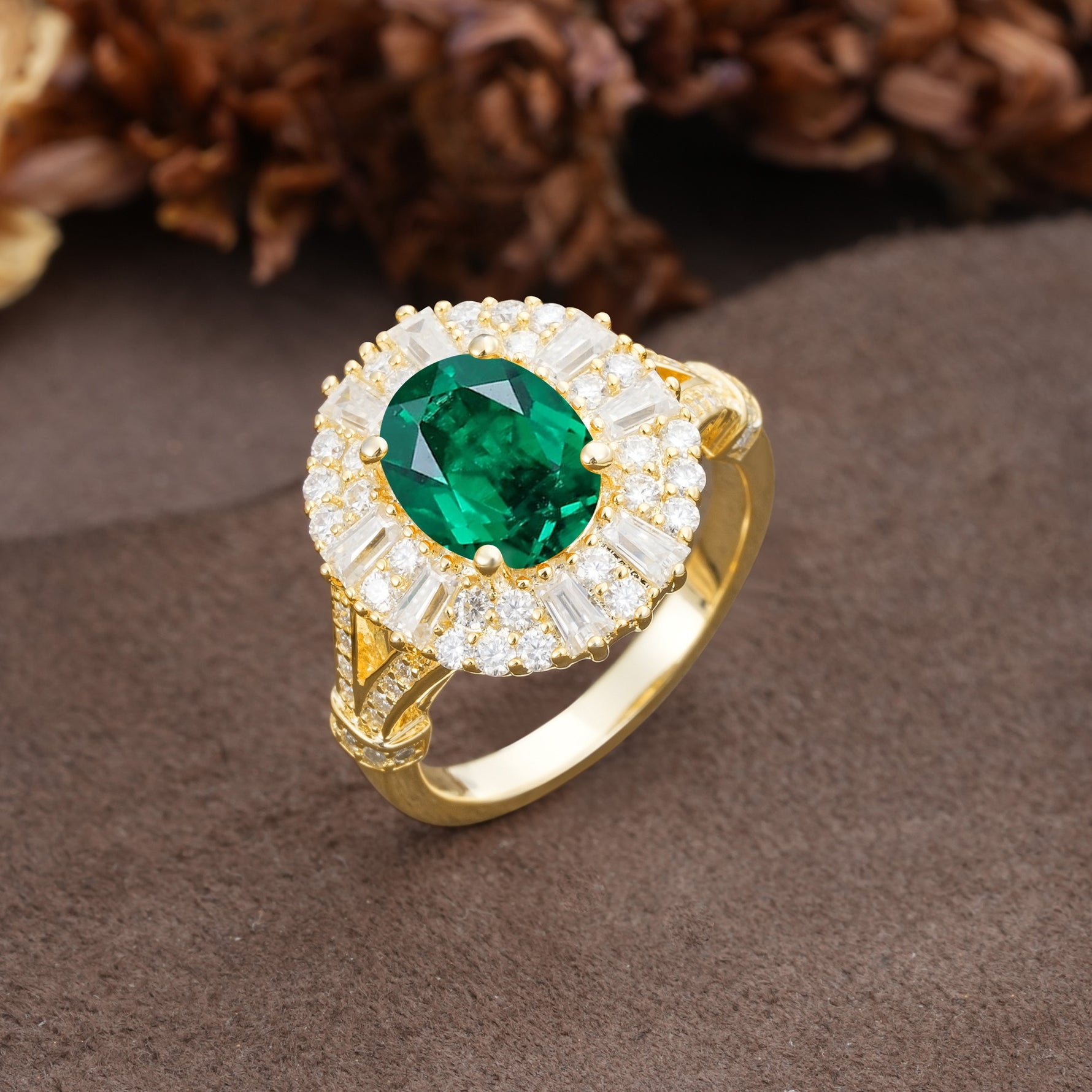 Luxurious Vintage-Style Pavé-Set Diamonds, 4-Prong Oval Cut Emerald Engagement Ring - Additional view