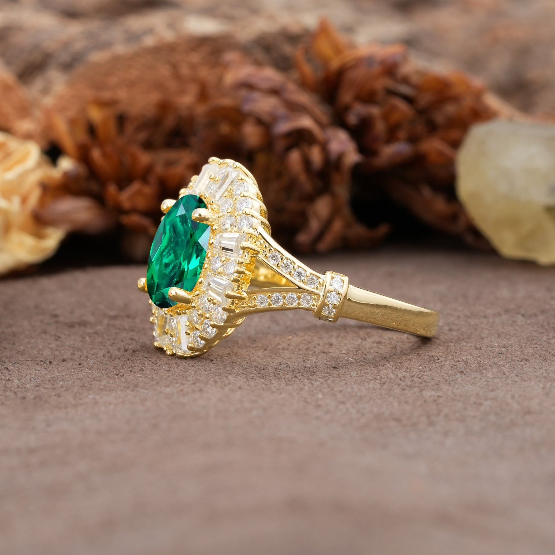 Luxurious Vintage-Style Pavé-Set Diamonds, 4-Prong Oval Cut Emerald Engagement Ring - Additional view