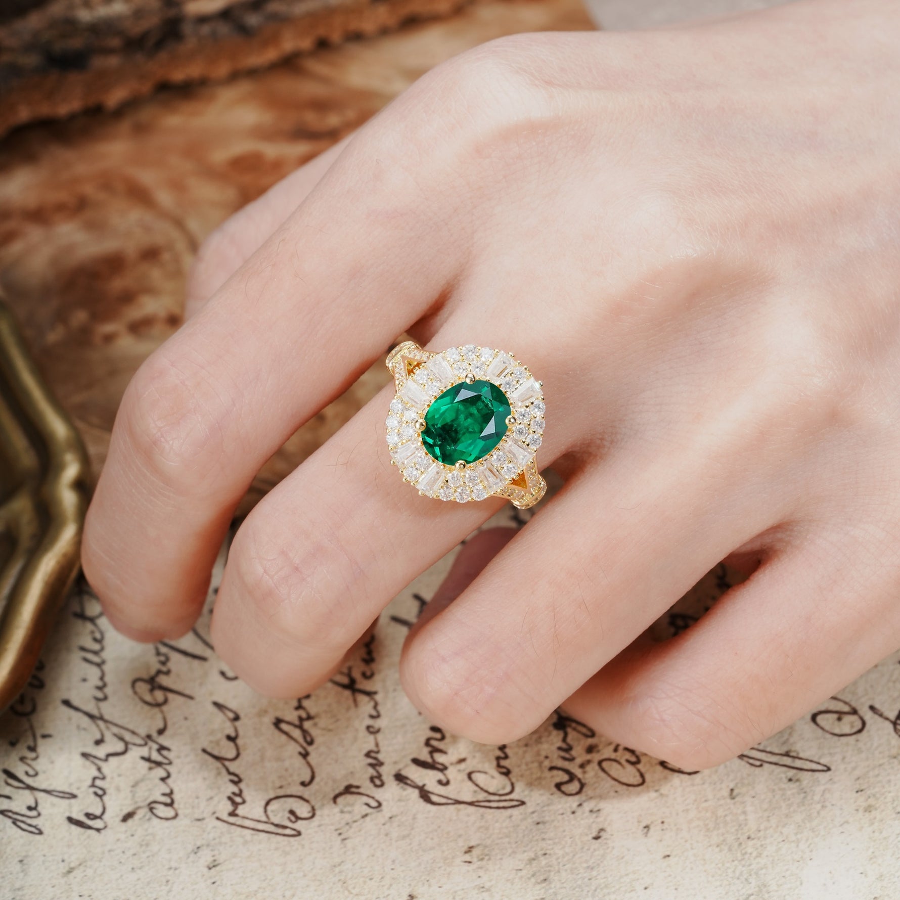 Luxurious Vintage-Style Pavé-Set Diamonds, 4-Prong Oval Cut Emerald Engagement Ring - Additional view
