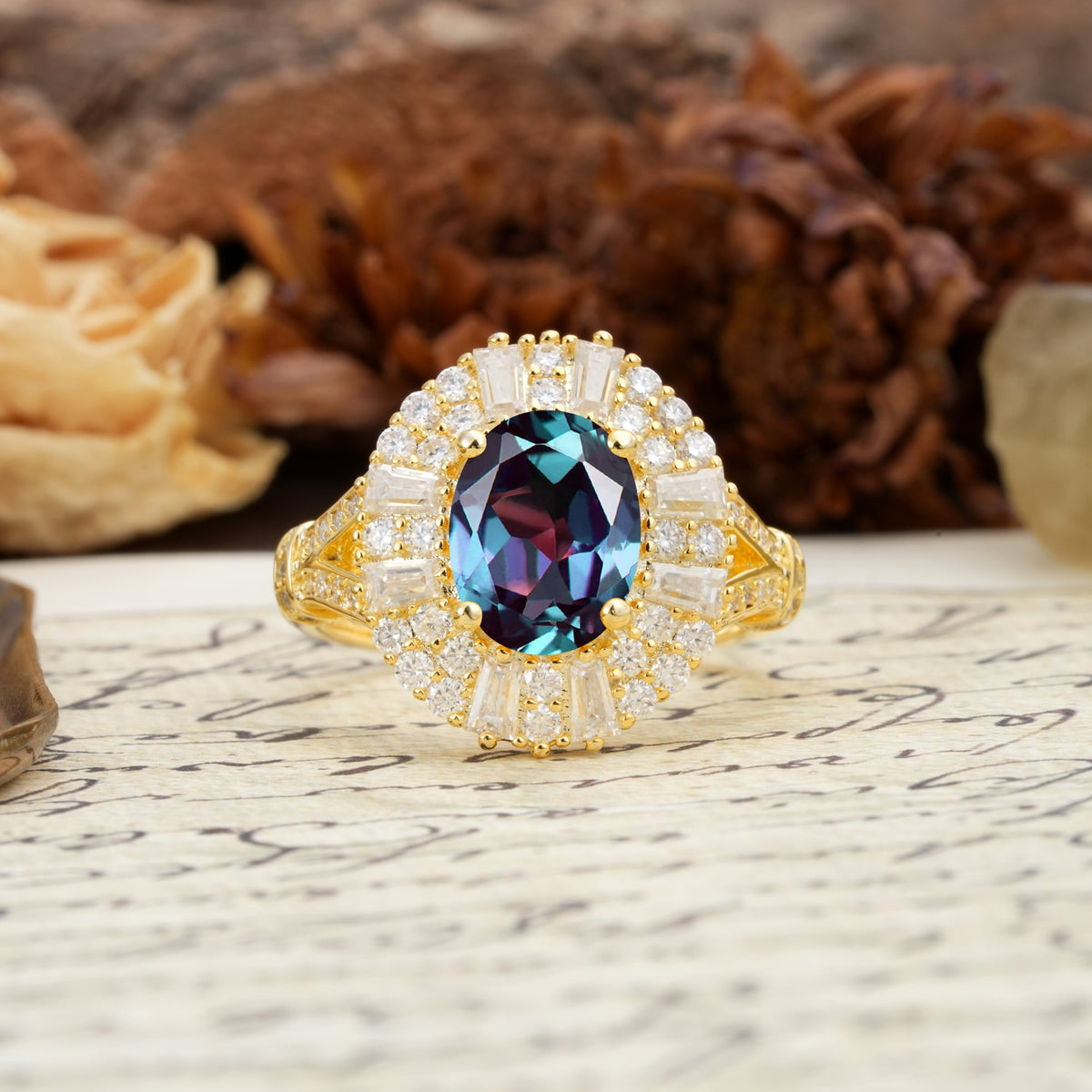 Luxurious Vintage-Style Pavé-Set Diamonds, 4-Prong Oval Cut Alexandrite Engagement Ring - Additional view