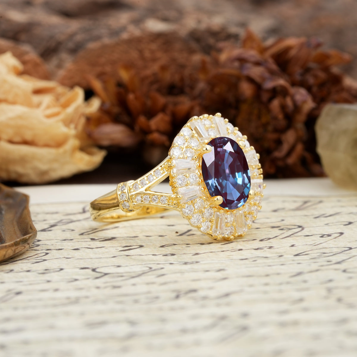 Luxurious Vintage-Style Pavé-Set Diamonds, 4-Prong Oval Cut Alexandrite Engagement Ring - Additional view