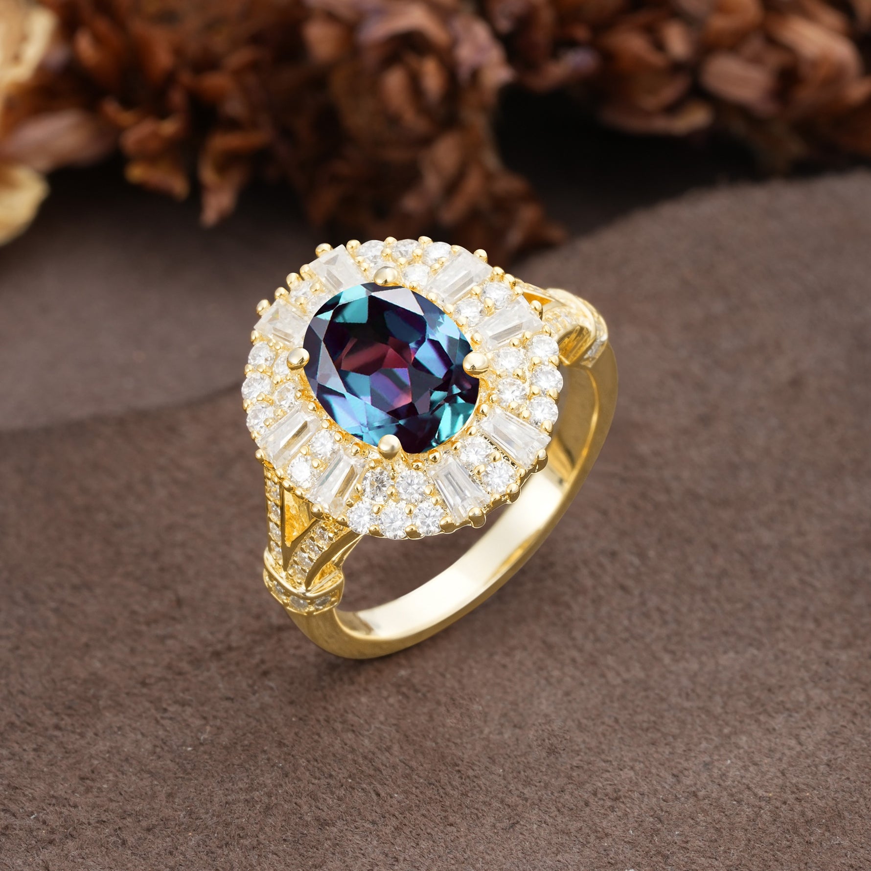 Luxurious Vintage-Style Pavé-Set Diamonds, 4-Prong Oval Cut Alexandrite Engagement Ring - Additional view