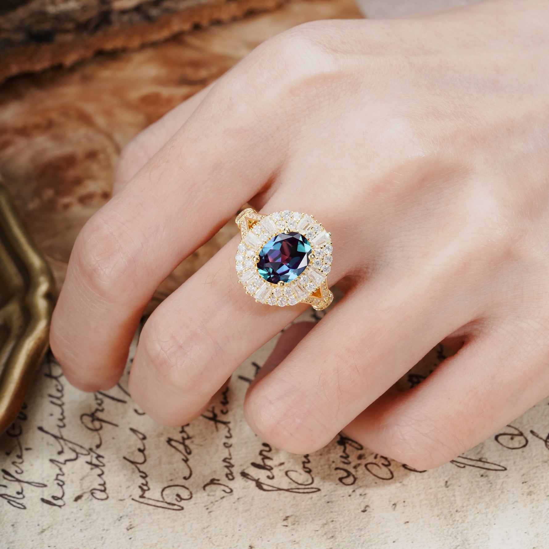 Luxurious Vintage-Style Pavé-Set Diamonds, 4-Prong Oval Cut Alexandrite Engagement Ring - Additional view