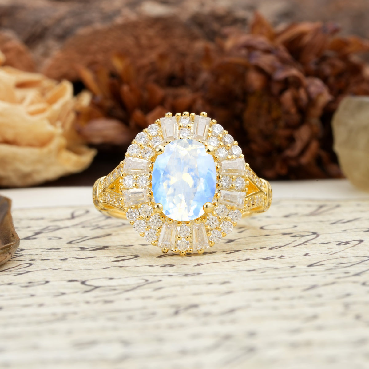 Luxurious Vintage-Style Pavé-Set Diamonds, 4-Prong Oval Cut Moonstone Engagement Ring - Additional view