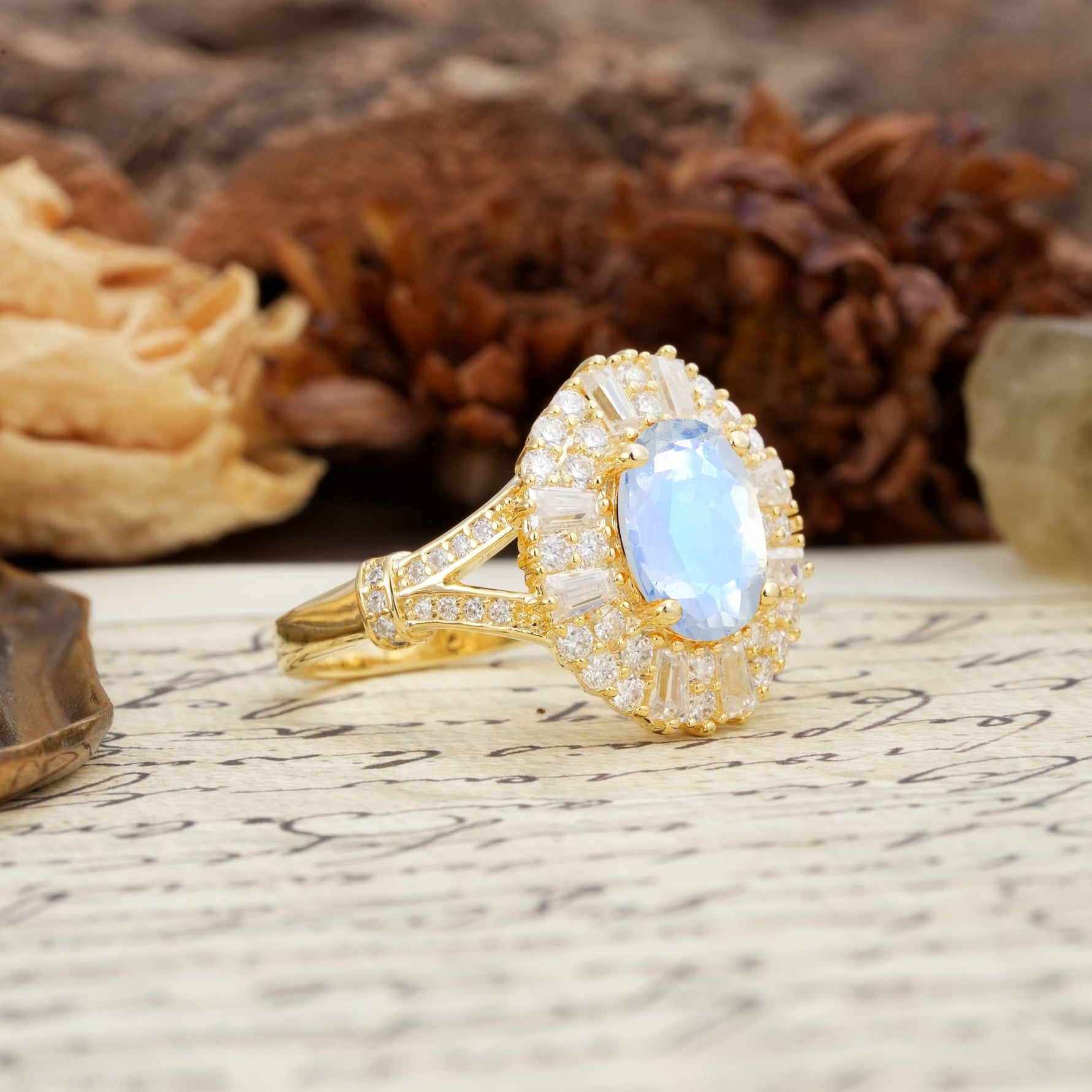 Luxurious Vintage-Style Pavé-Set Diamonds, 4-Prong Oval Cut Moonstone Engagement Ring - Additional view