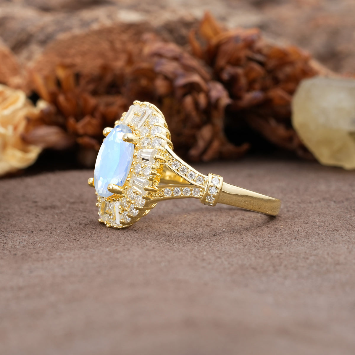 Luxurious Vintage-Style Pavé-Set Diamonds, 4-Prong Oval Cut Moonstone Engagement Ring - Additional view