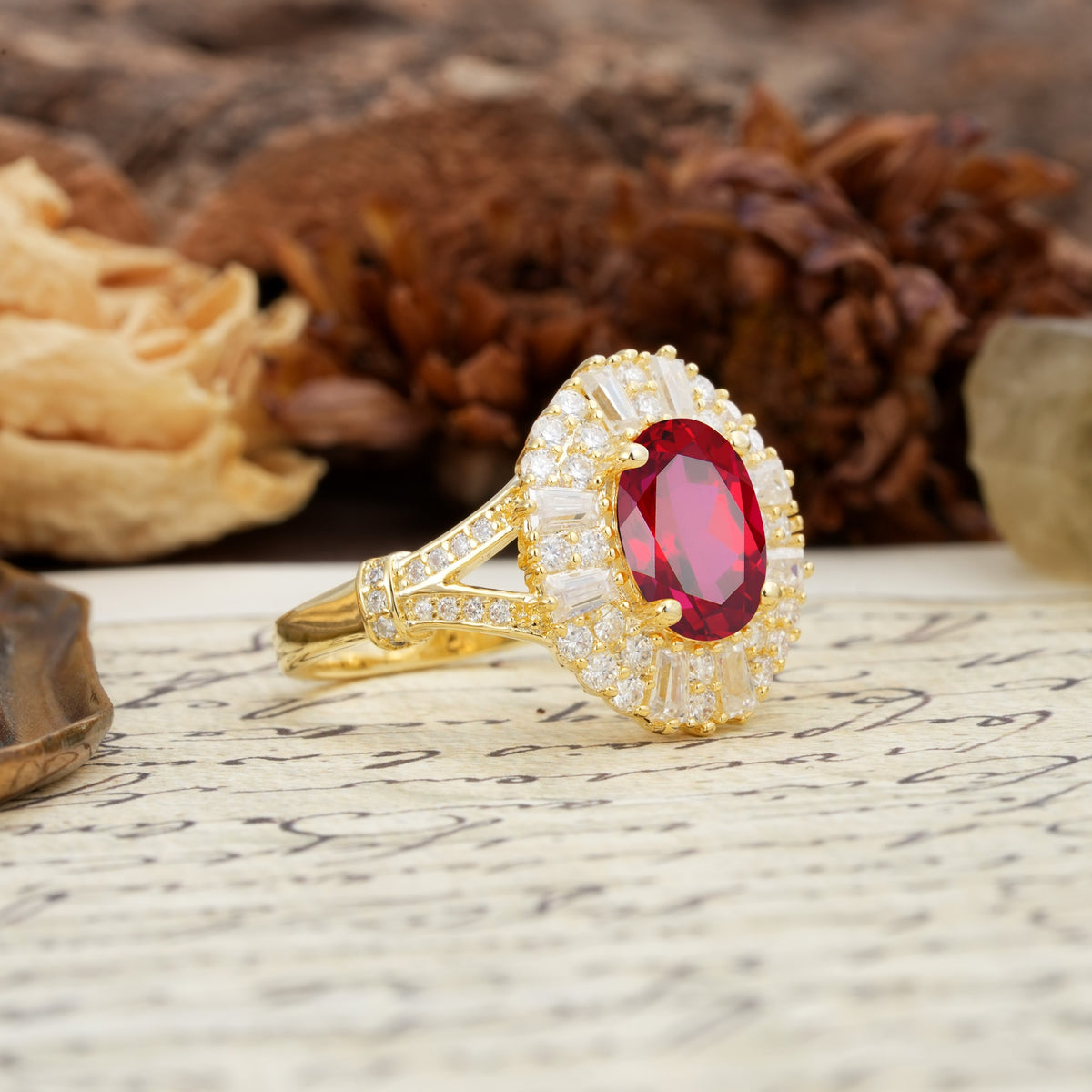 Luxurious Vintage-Style Pavé-Set Diamonds, 4-Prong Oval Cut Ruby Engagement Ring - Additional view