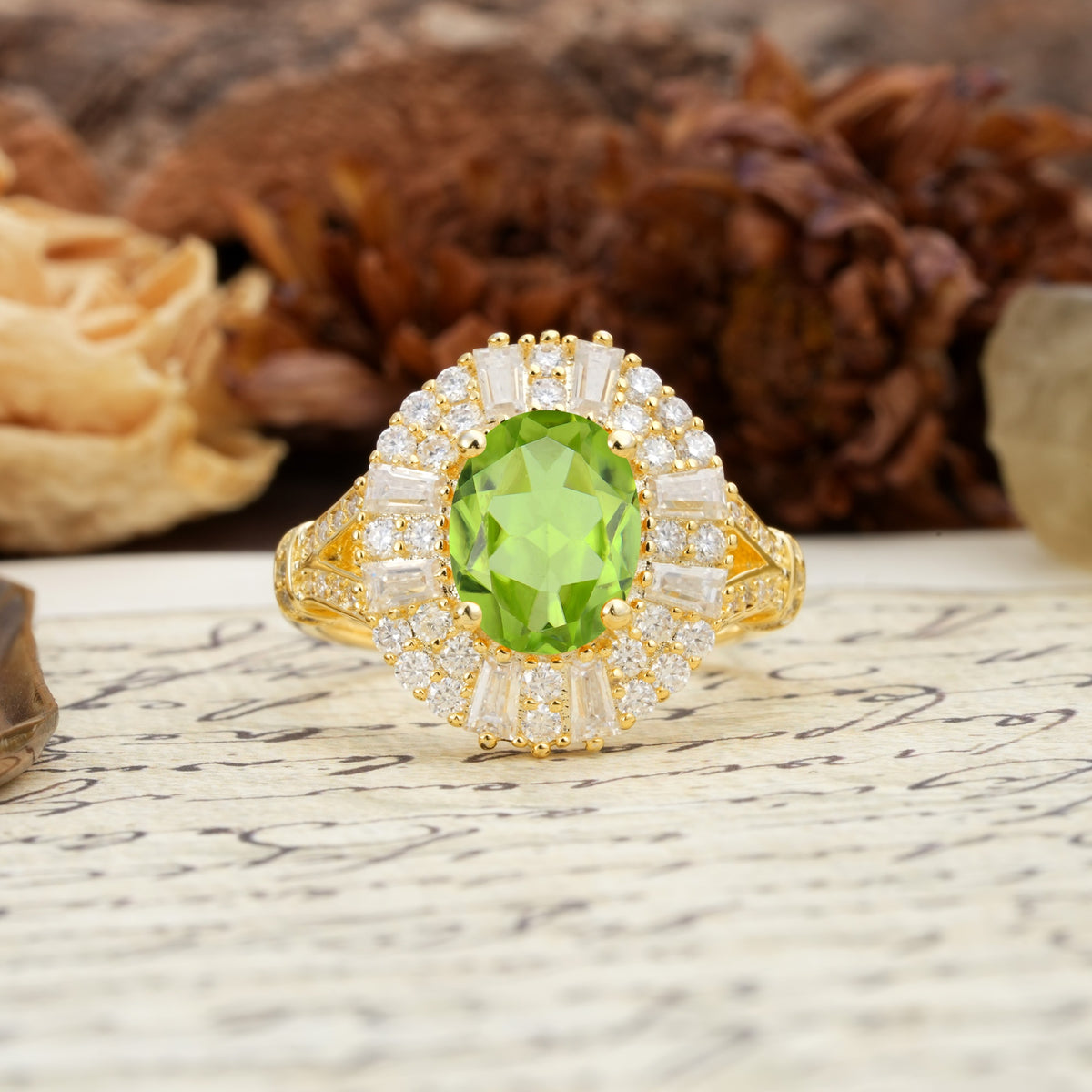 Luxurious Vintage-Style Pavé-Set Diamonds, 4-Prong Oval Cut Peridot Engagement Ring - Additional view