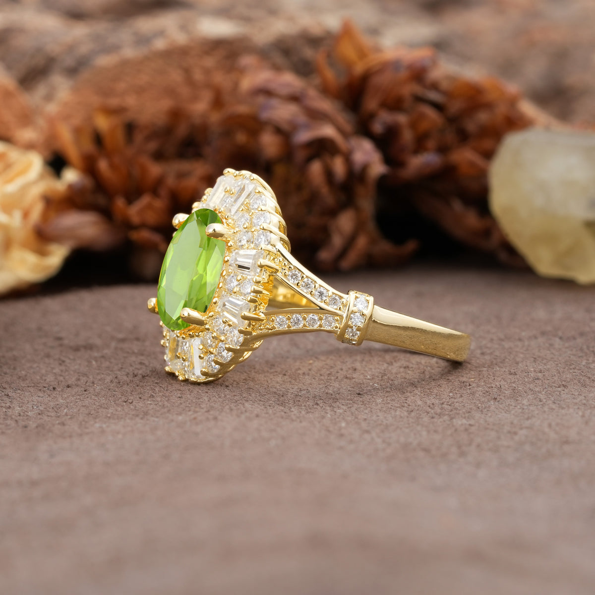 Luxurious Vintage-Style Pavé-Set Diamonds, 4-Prong Oval Cut Peridot Engagement Ring - Additional view
