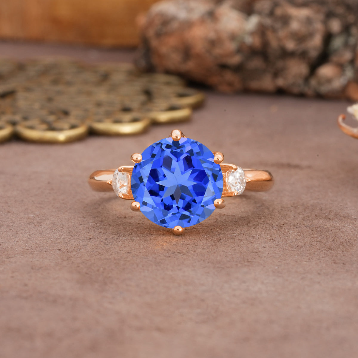 Unique and Minimalist 6-Prong Round Cut Sapphire Three Stones Engagement Ring - Additional view