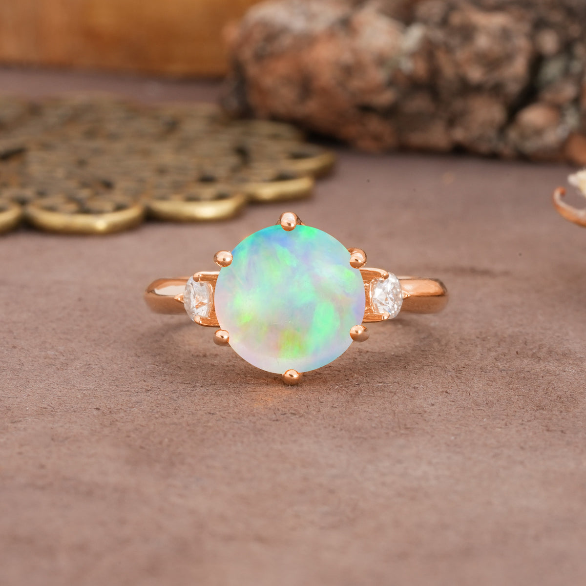 Unique and Minimalist 6-Prong Round Cut Fire Opal Three Stones Engagement Ring - Additional view