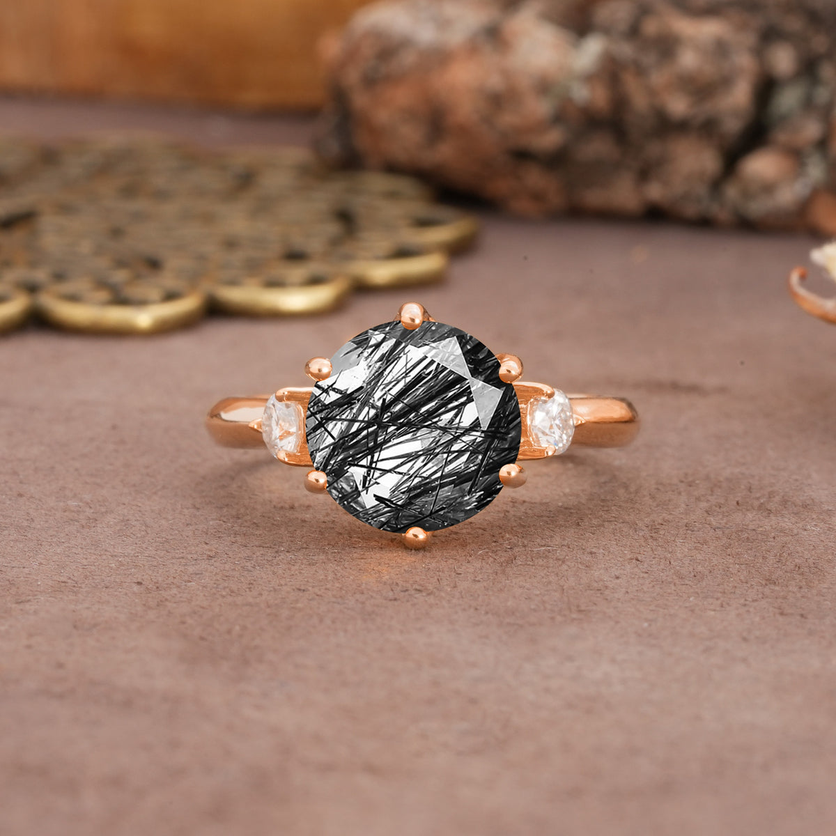 Unique and Minimalist 6-Prong Round Cut Black Rutilated Quartz Three Stones Engagement Ring - Additional view
