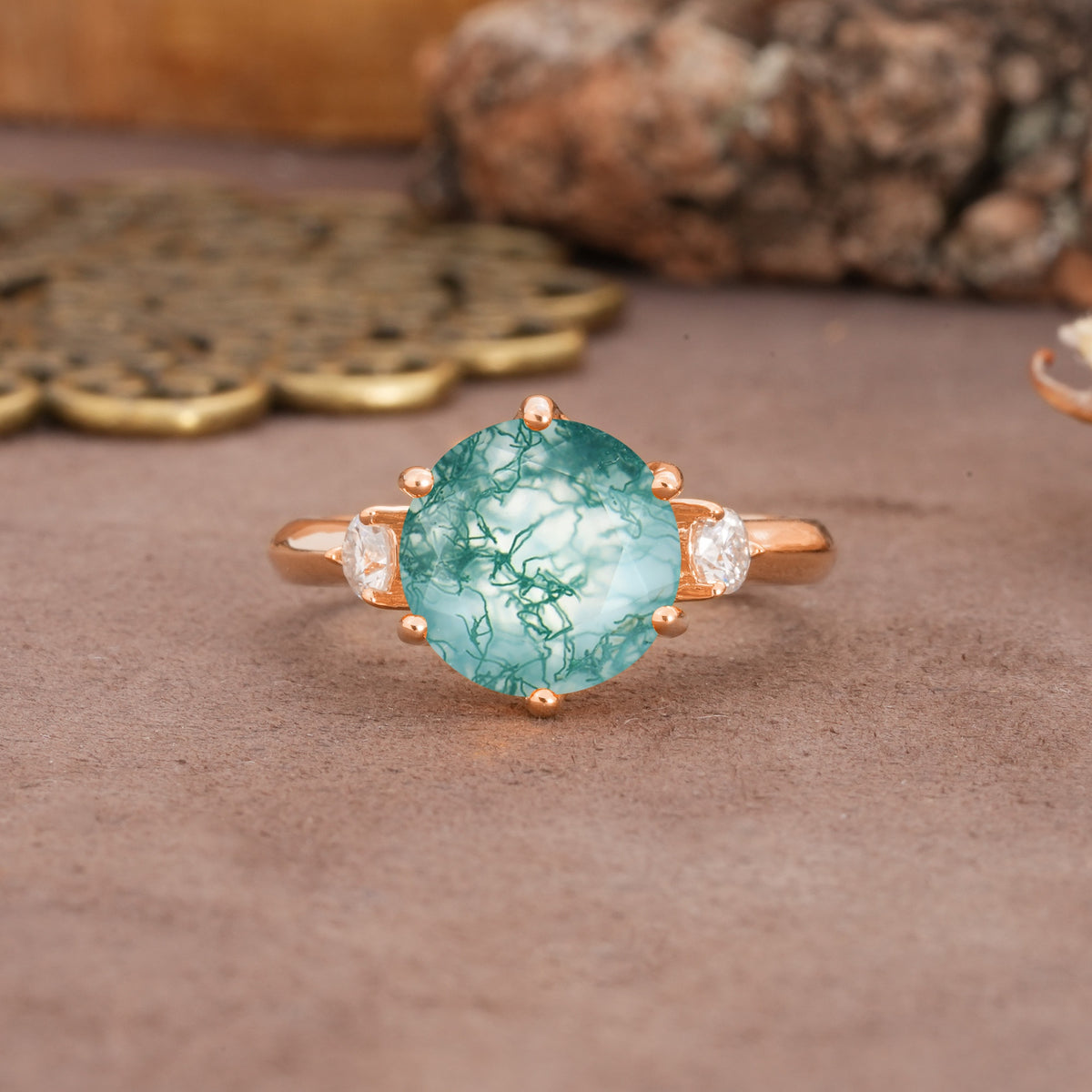 Unique and Minimalist 6-Prong Round Cut Moss Agate Three Stones Engagement Ring - Additional view
