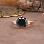 Unique and Minimalist 6-Prong Round Cut Black Onyx Three Stones Engagement Ring - Additional view