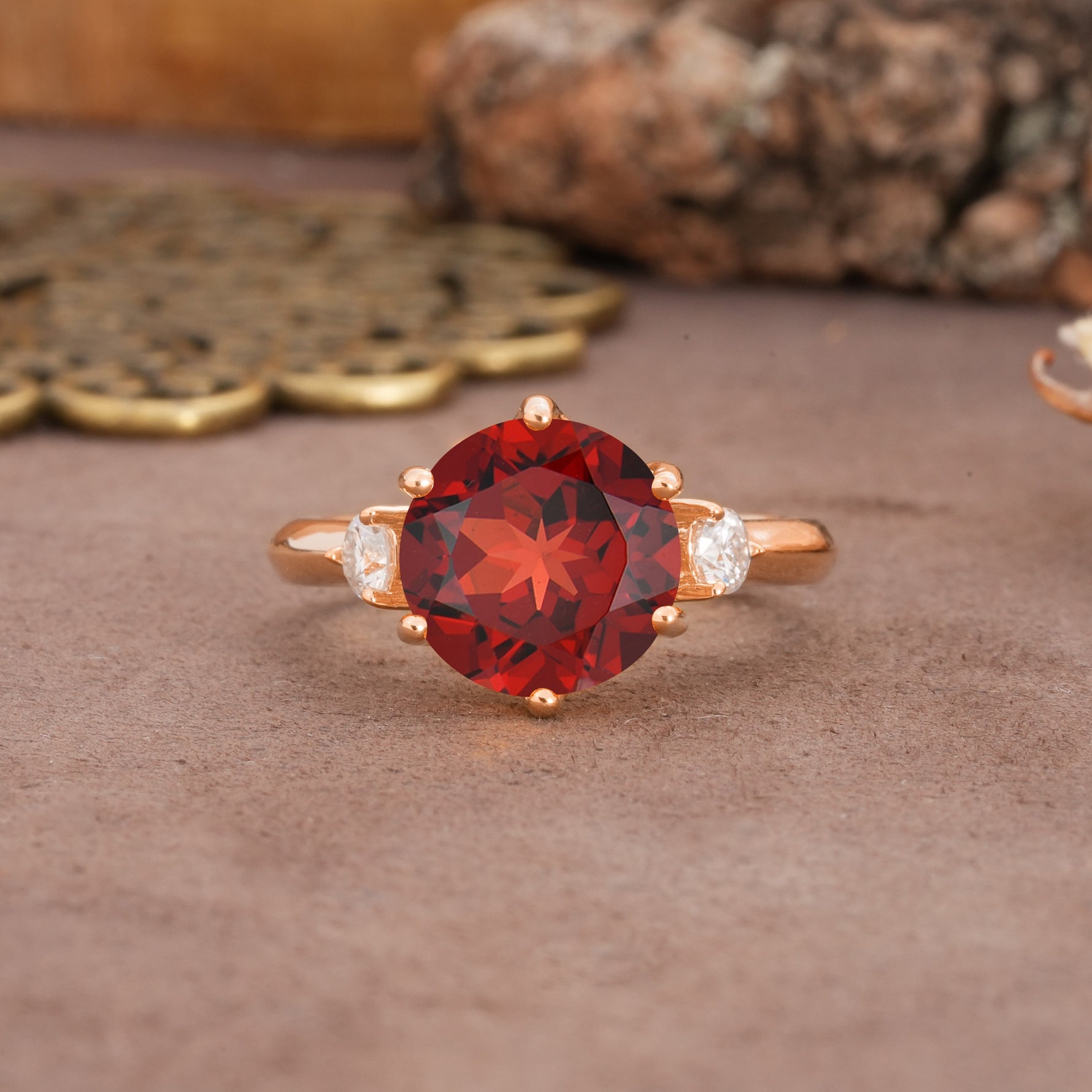 Unique and Minimalist 6-Prong Round Cut Garnet Three Stones Engagement Ring - Additional view