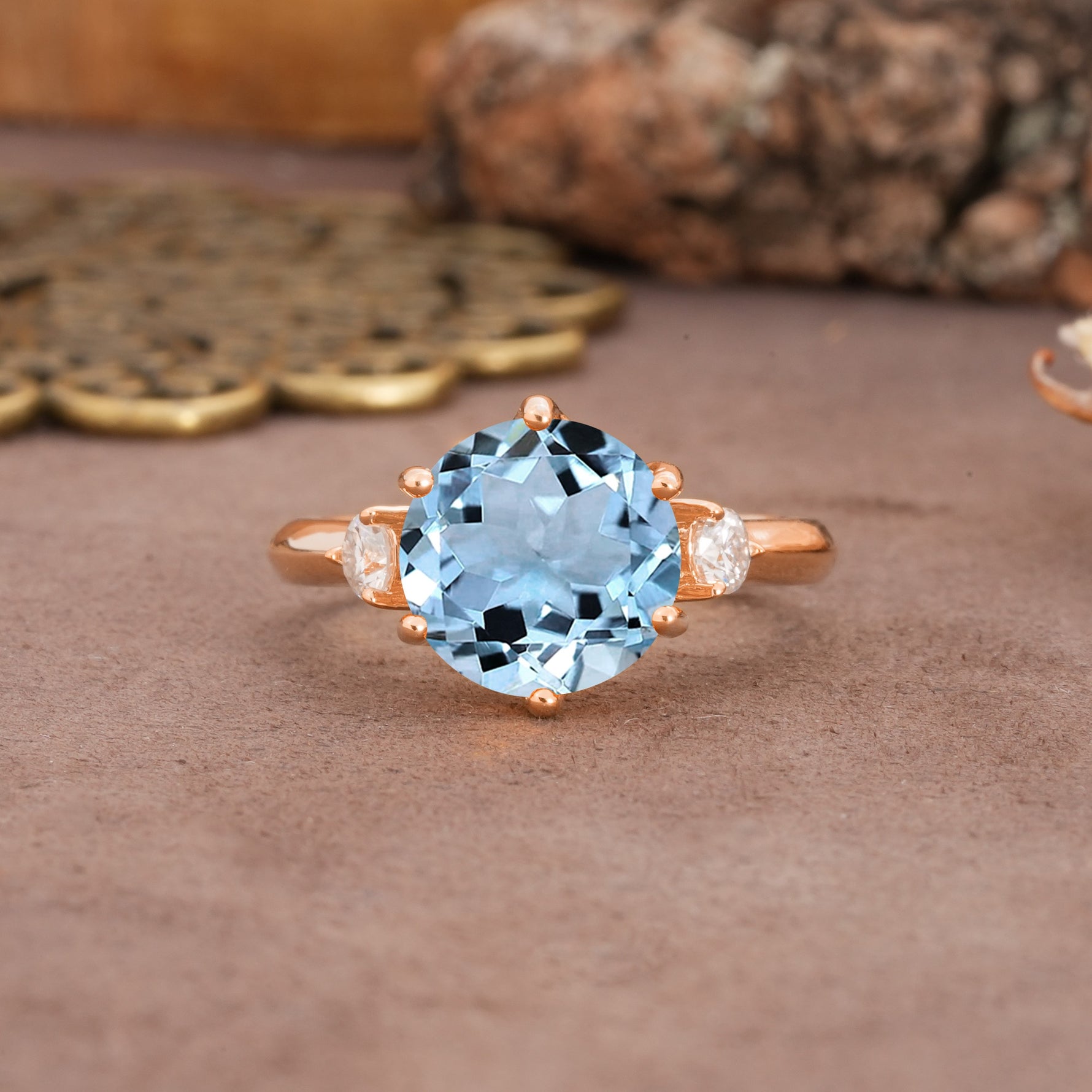 Unique and Minimalist 6-Prong Round Cut Aquamarine Three Stones Engagement Ring - Additional view
