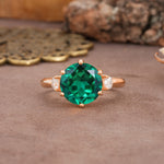 Unique and Minimalist 6-Prong Round Cut Emerald Three Stones Engagement Ring - Additional view