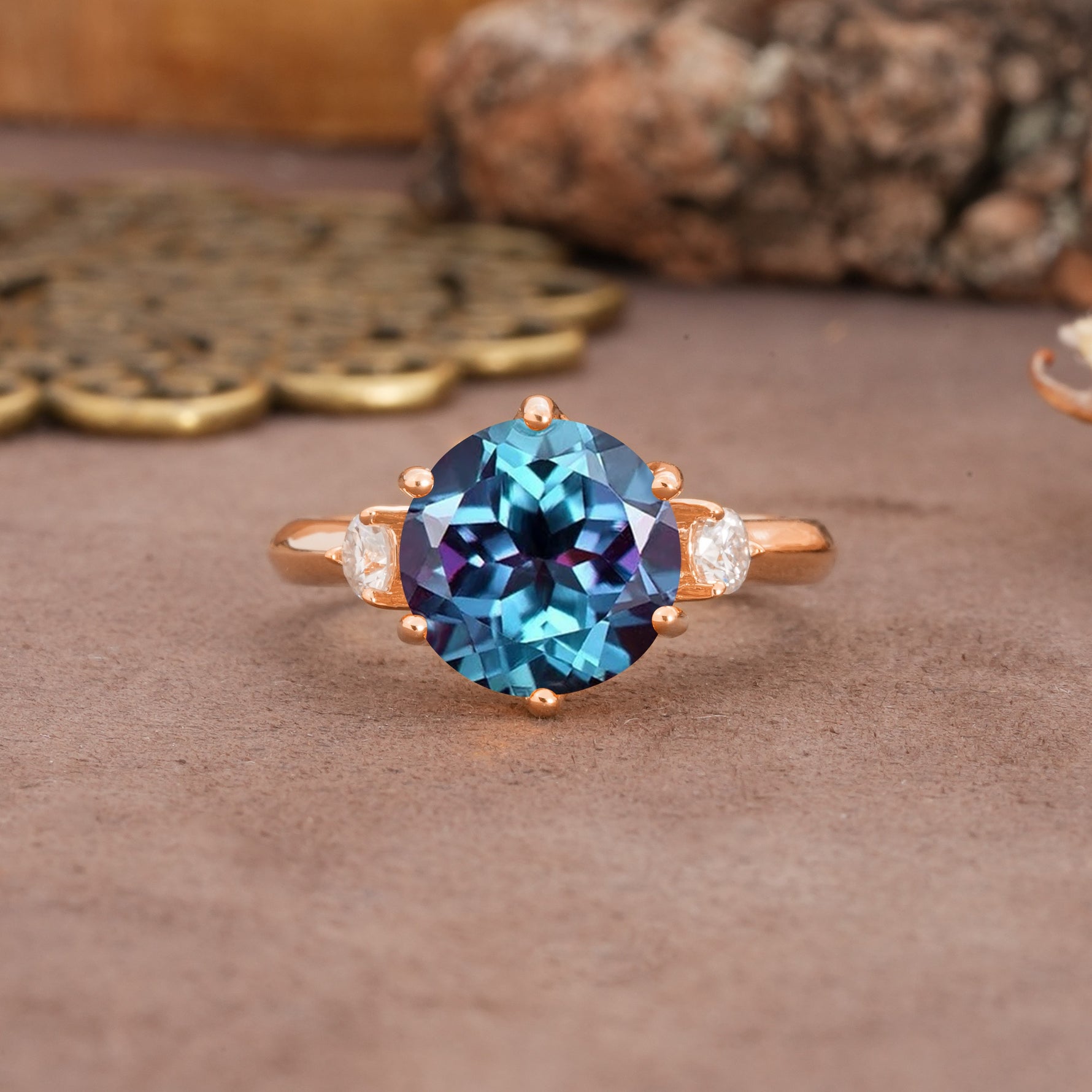 Unique and Minimalist 6-Prong Round Cut Alexandrite Three Stones Engagement Ring - Additional view