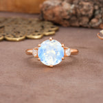 Unique and Minimalist 6-Prong Round Cut Moonstone Three Stones Engagement Ring - Additional view