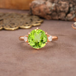 Unique and Minimalist 6-Prong Round Cut Peridot Three Stones Engagement Ring - Additional view
