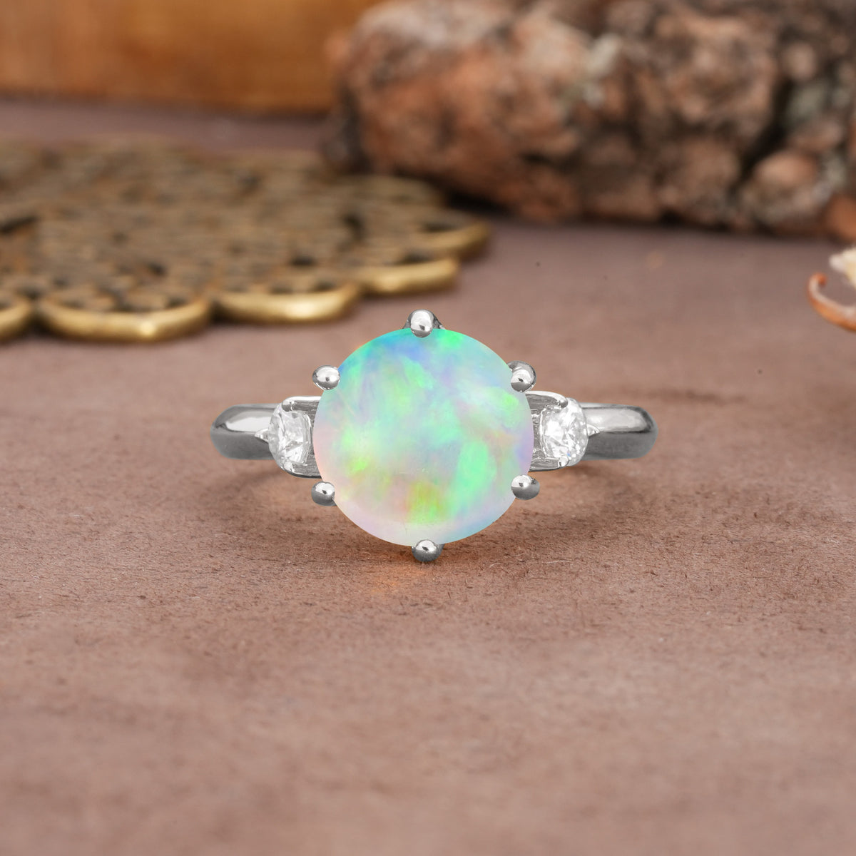 Unique and Minimalist 6-Prong Round Cut Fire Opal Three Stones Engagement Ring - Additional view
