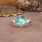 Unique and Minimalist 6-Prong Round Cut Moss Agate Three Stones Engagement Ring - Additional view