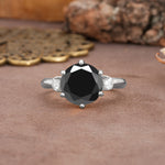 Unique and Minimalist 6-Prong Round Cut Black Onyx Three Stones Engagement Ring - Additional view