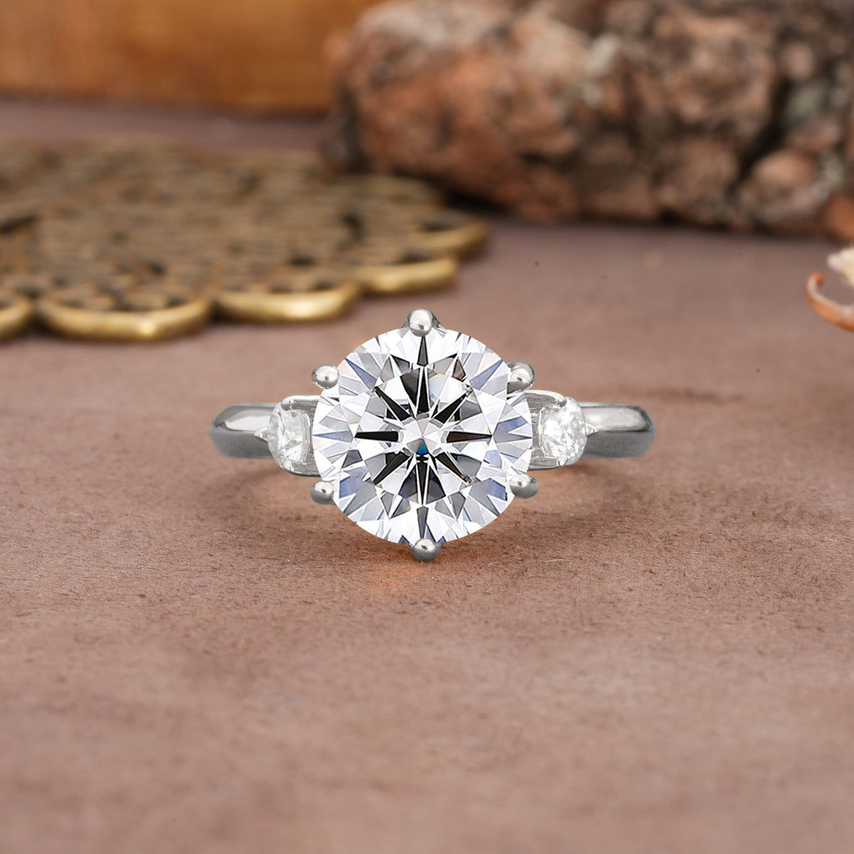Unique and Minimalist 6-Prong Round Cut Lab Diamond Three Stones Engagement Ring - Additional view