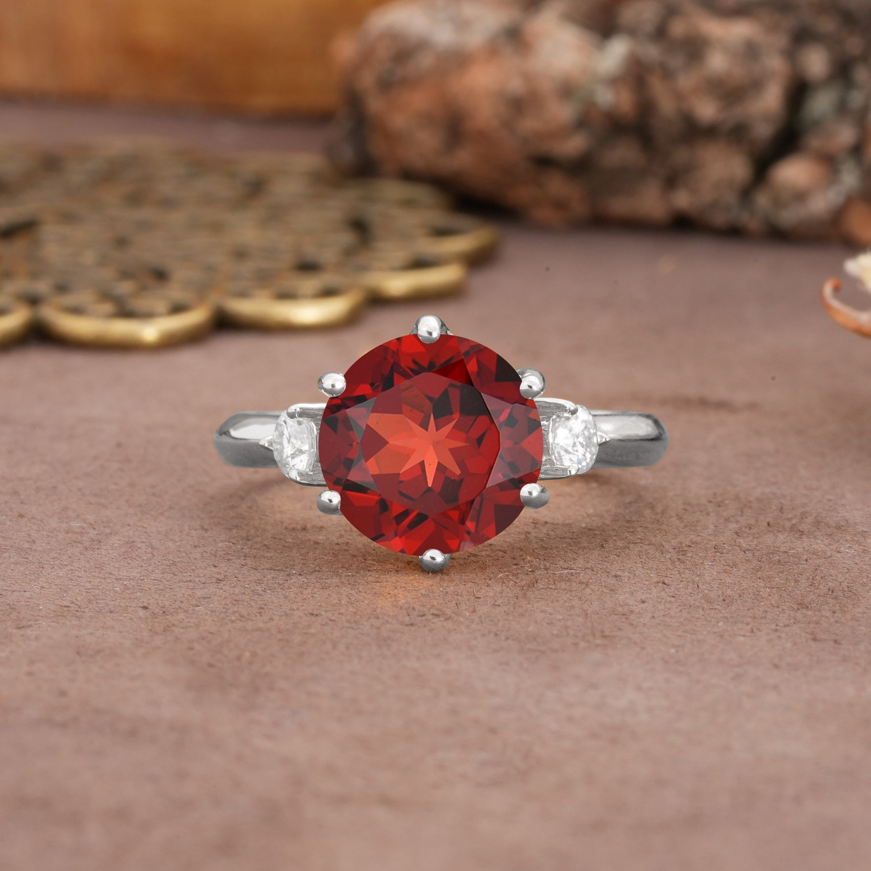 Unique and Minimalist 6-Prong Round Cut Garnet Three Stones Engagement Ring - Additional view