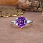 Unique and Minimalist 6-Prong Round Cut Amethyst Three Stones Engagement Ring - Additional view