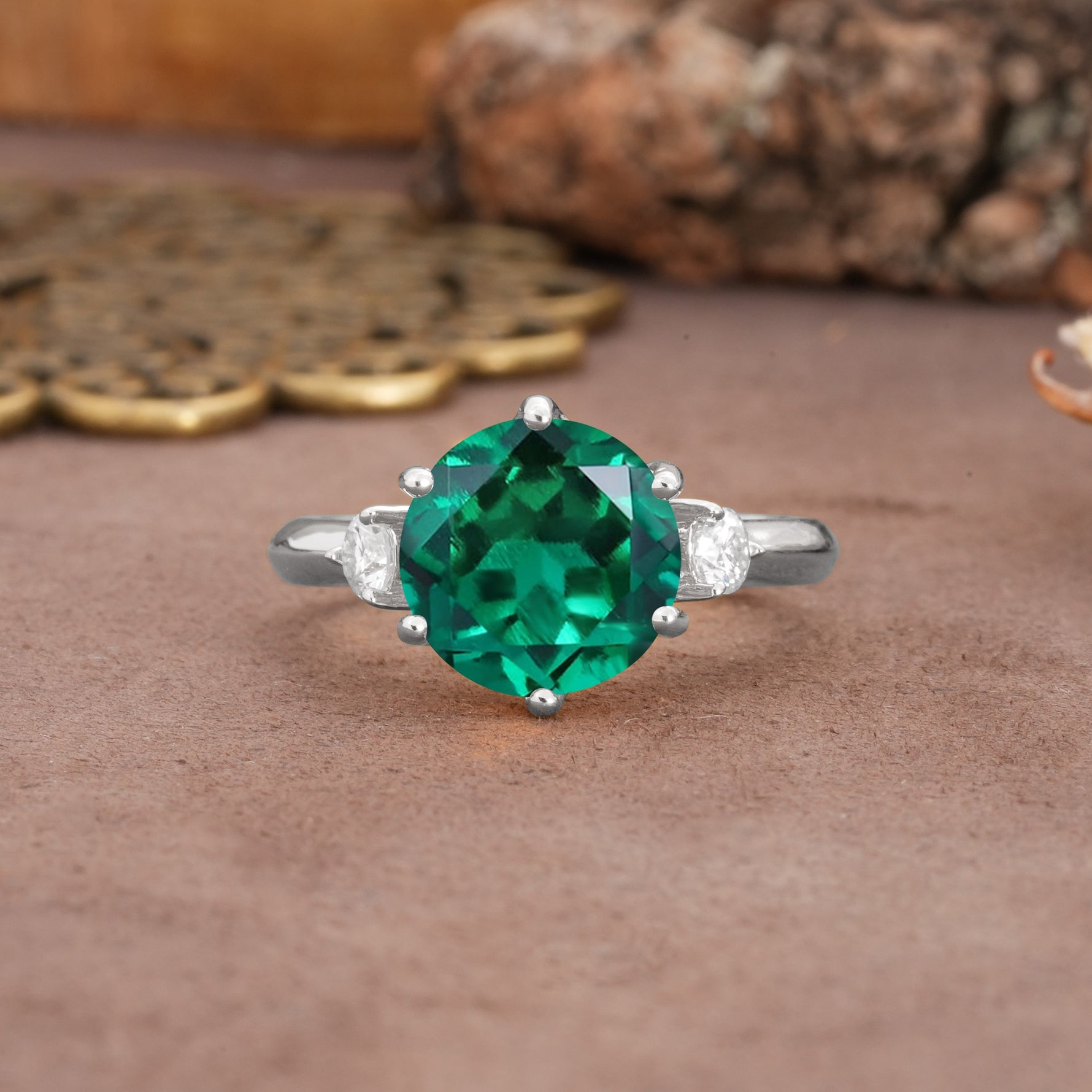 Unique and Minimalist 6-Prong Round Cut Emerald Three Stones Engagement Ring - Additional view