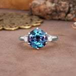 Unique and Minimalist 6-Prong Round Cut Alexandrite Three Stones Engagement Ring - Additional view