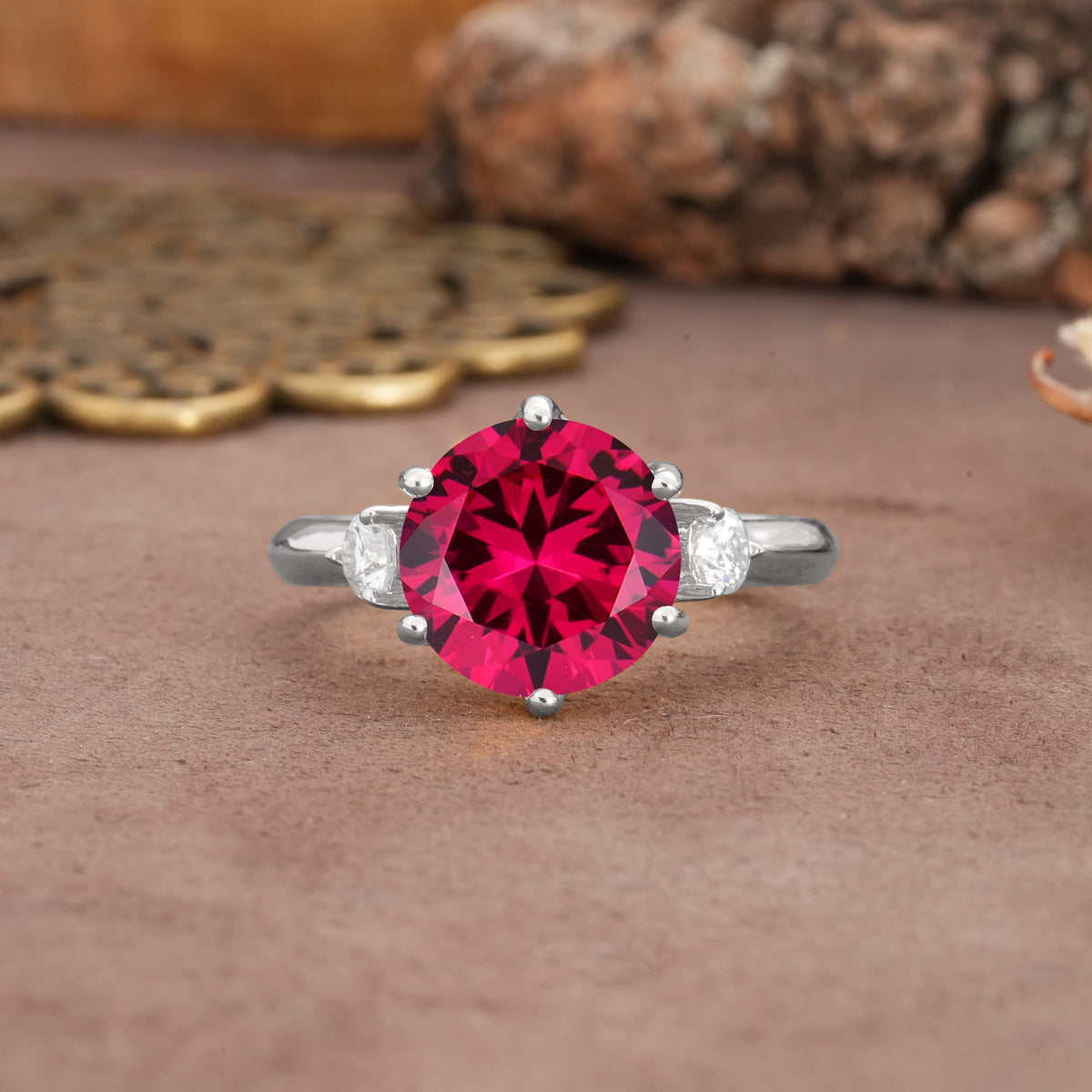 Unique and Minimalist 6-Prong Round Cut Ruby Three Stones Engagement Ring - Additional view