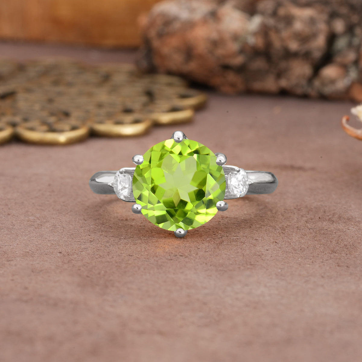 Unique and Minimalist 6-Prong Round Cut Peridot Three Stones Engagement Ring - Additional view