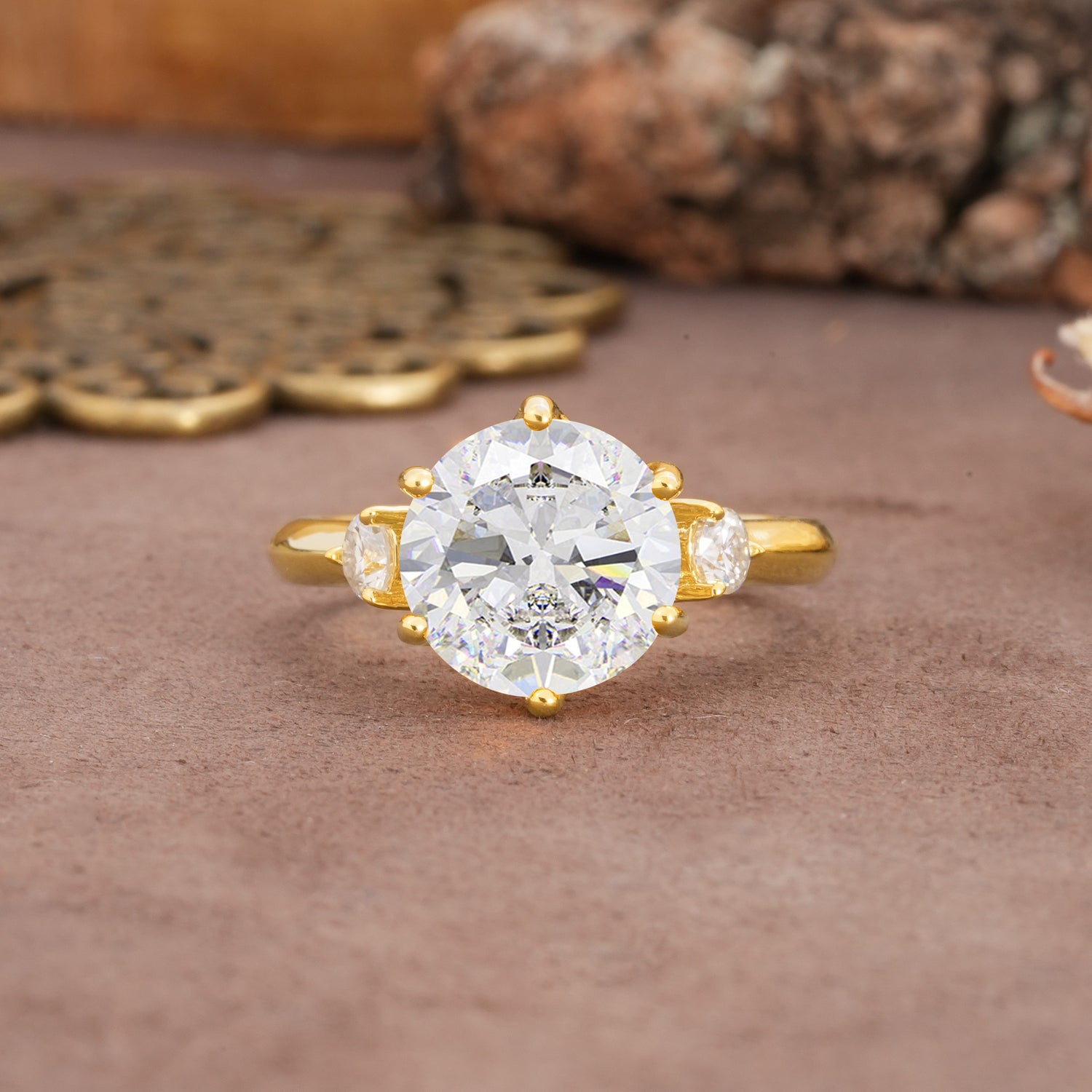 Unique and Minimalist 6-Prong Round Cut Moissanite Three Stones Engagement Ring - Additional view