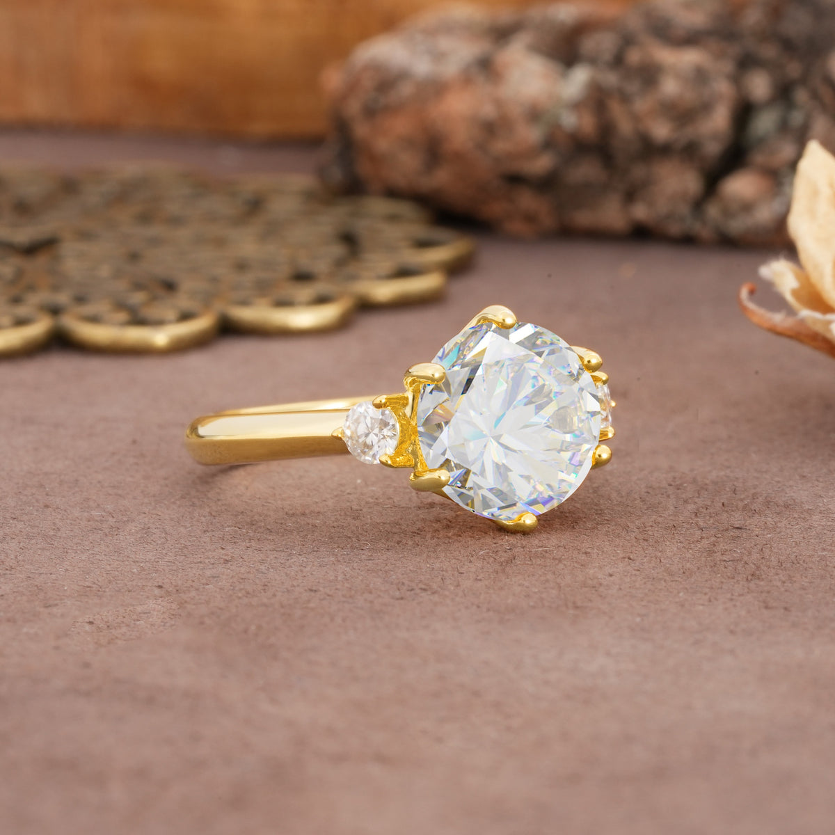 Unique and Minimalist 6-Prong Round Cut Moissanite Three Stones Engagement Ring - Additional view