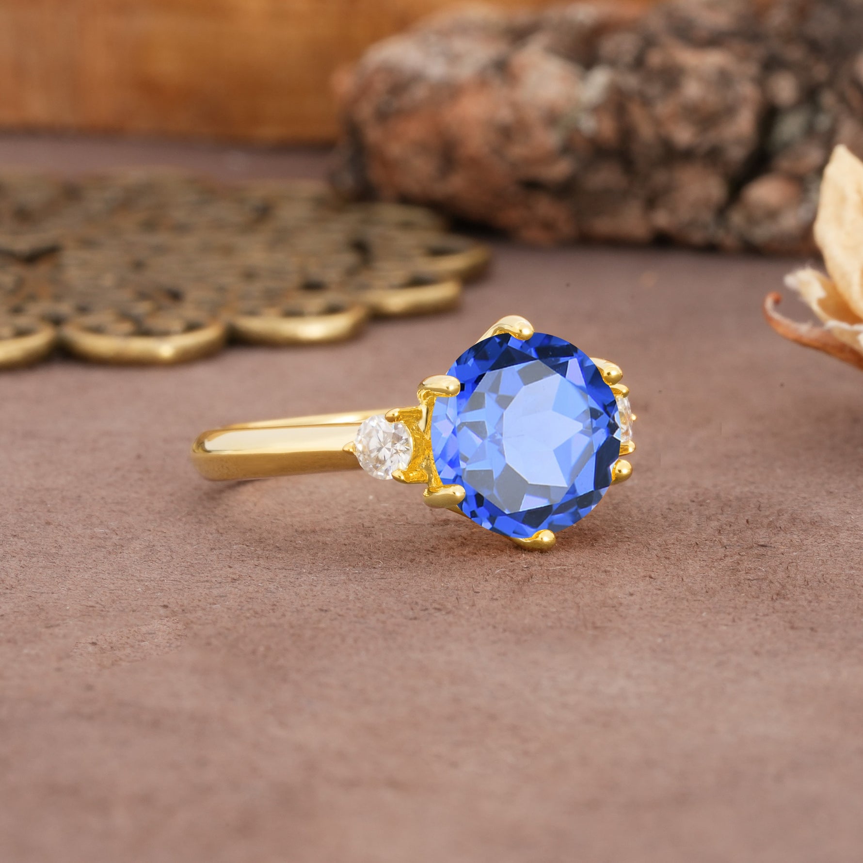 Unique and Minimalist 6-Prong Round Cut Sapphire Three Stones Engagement Ring - Additional view