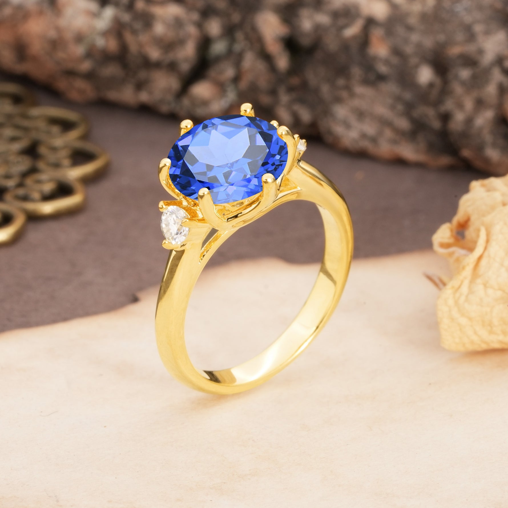 Unique and Minimalist 6-Prong Round Cut Sapphire Three Stones Engagement Ring - Additional view