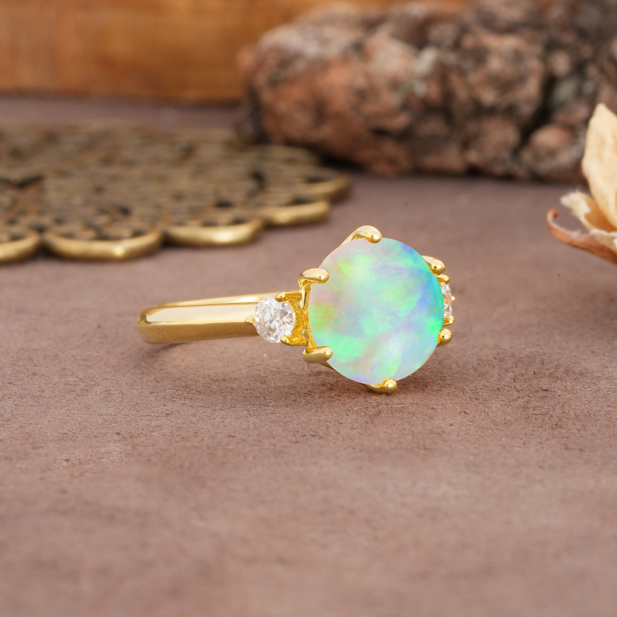 Unique and Minimalist 6-Prong Round Cut Fire Opal Three Stones Engagement Ring - Additional view