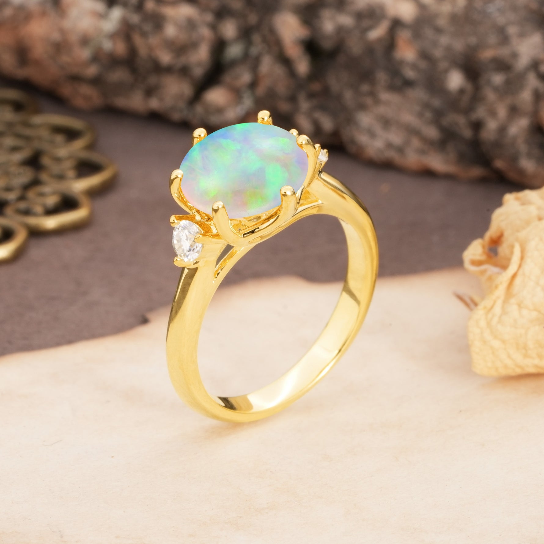 Unique and Minimalist 6-Prong Round Cut Fire Opal Three Stones Engagement Ring - Additional view