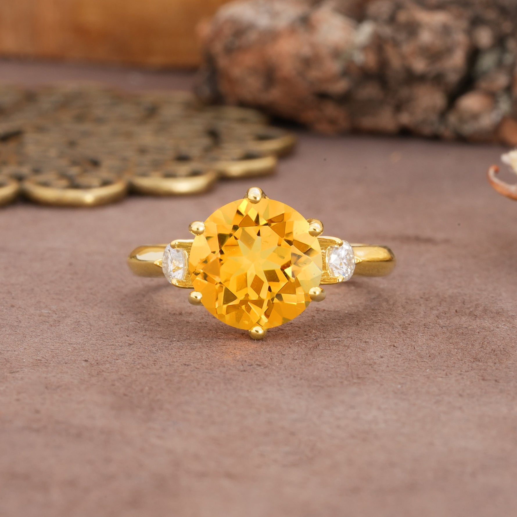 Unique and Minimalist 6-Prong Round Cut Citrine Three Stones Engagement Ring - Additional view