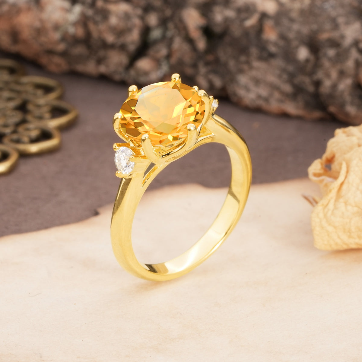 Unique and Minimalist 6-Prong Round Cut Citrine Three Stones Engagement Ring - Additional view