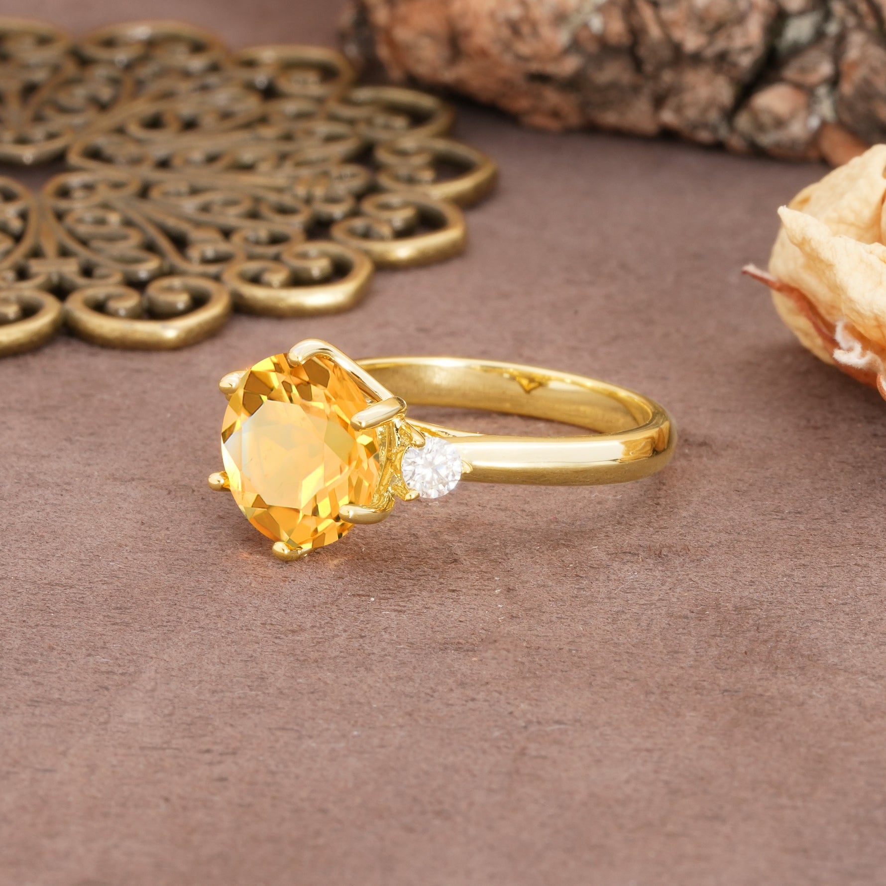 Unique and Minimalist 6-Prong Round Cut Citrine Three Stones Engagement Ring - Additional view