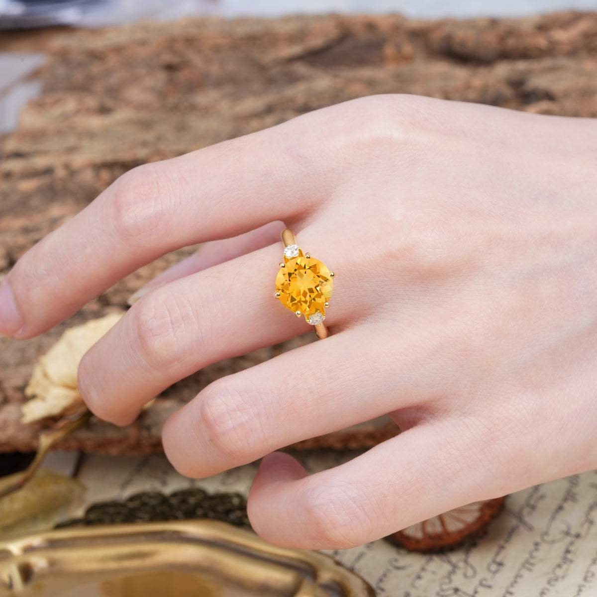 Unique and Minimalist 6-Prong Round Cut Citrine Three Stones Engagement Ring - Additional view