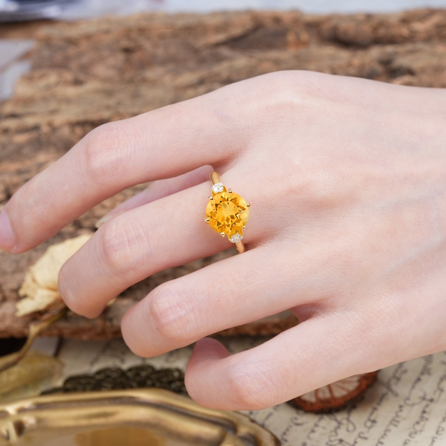 Unique and Minimalist 6-Prong Round Cut Citrine Three Stones Engagement Ring - Additional view
