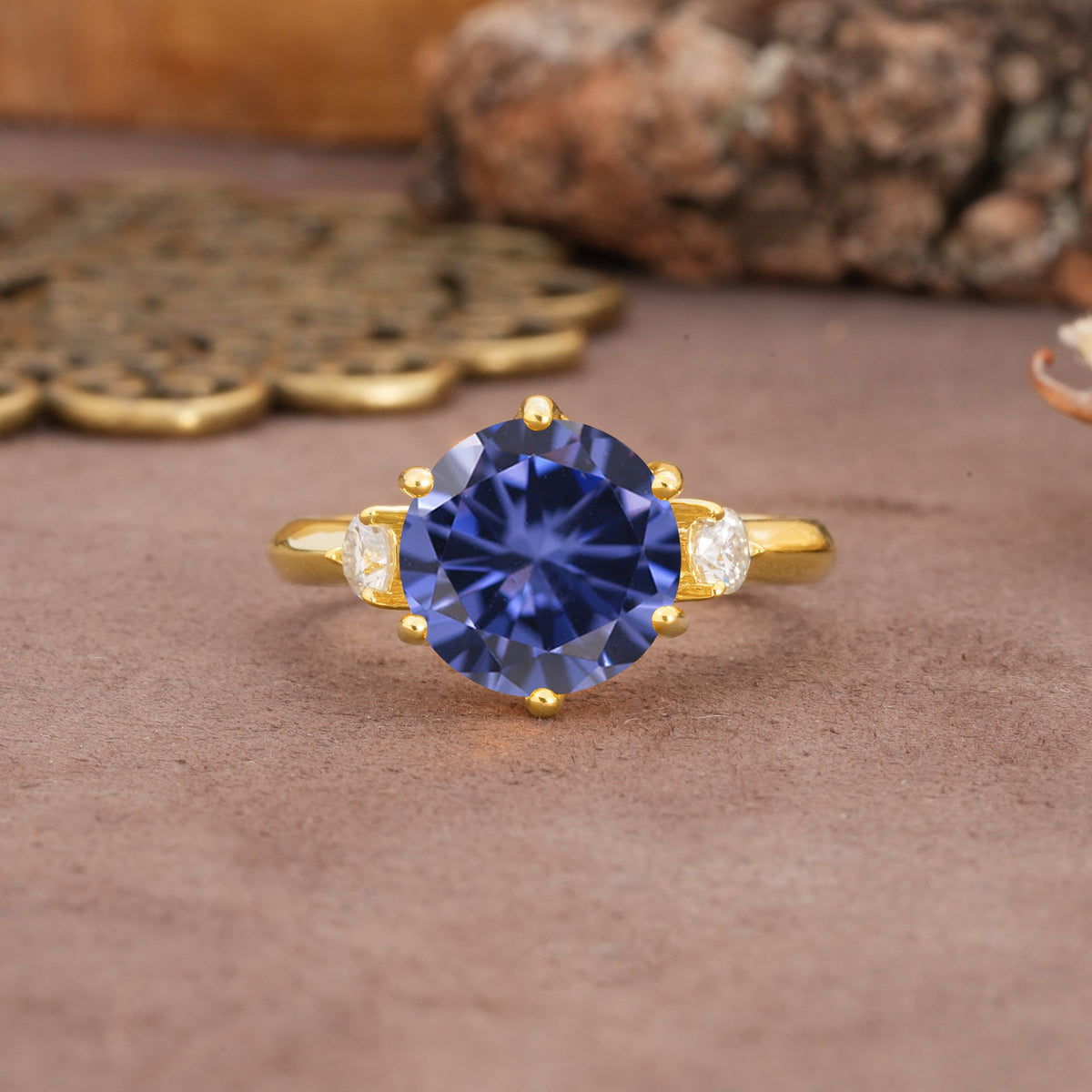 Unique and Minimalist 6-Prong Round Cut Tanzanite Three Stones Engagement Ring - Additional view