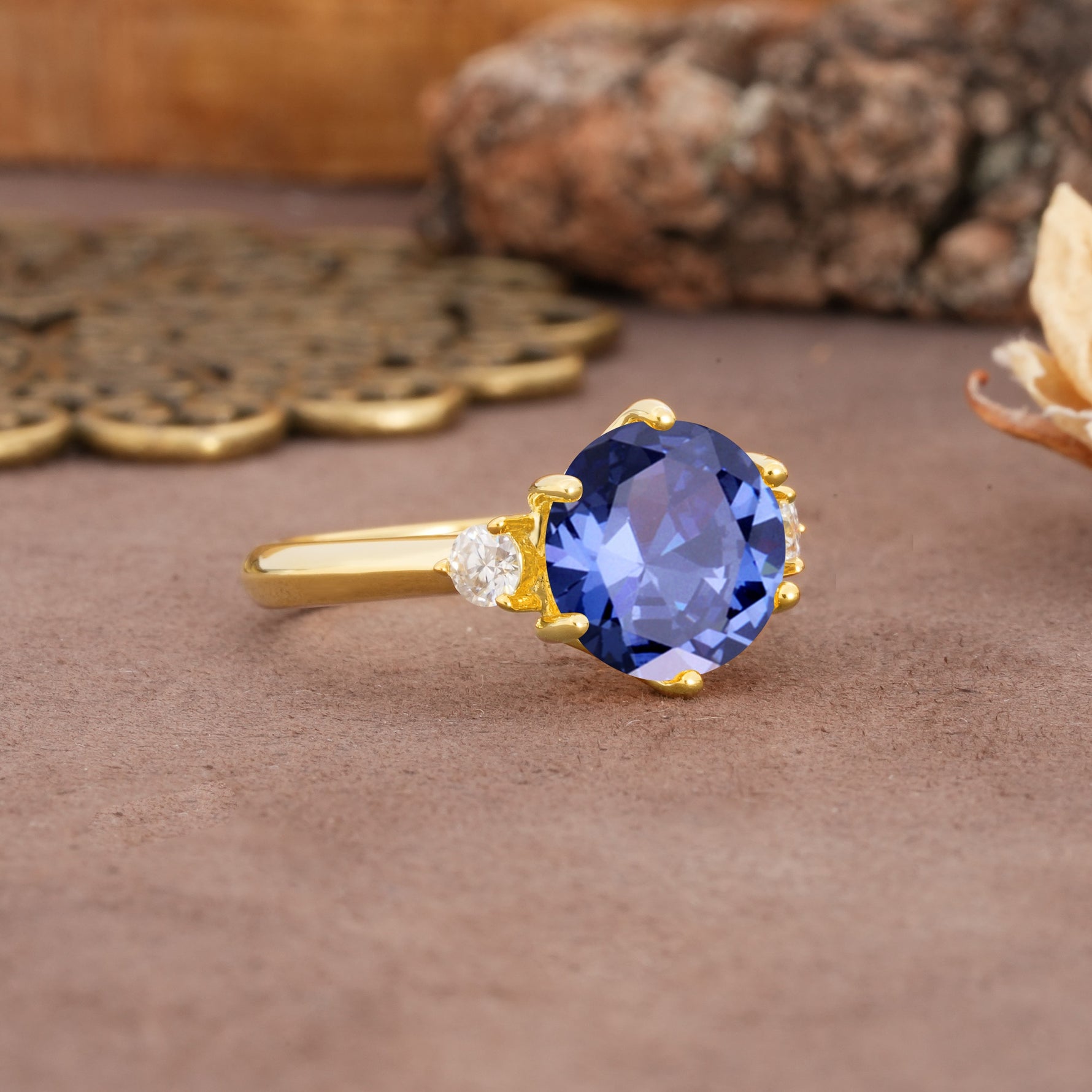 Unique and Minimalist 6-Prong Round Cut Tanzanite Three Stones Engagement Ring - Additional view