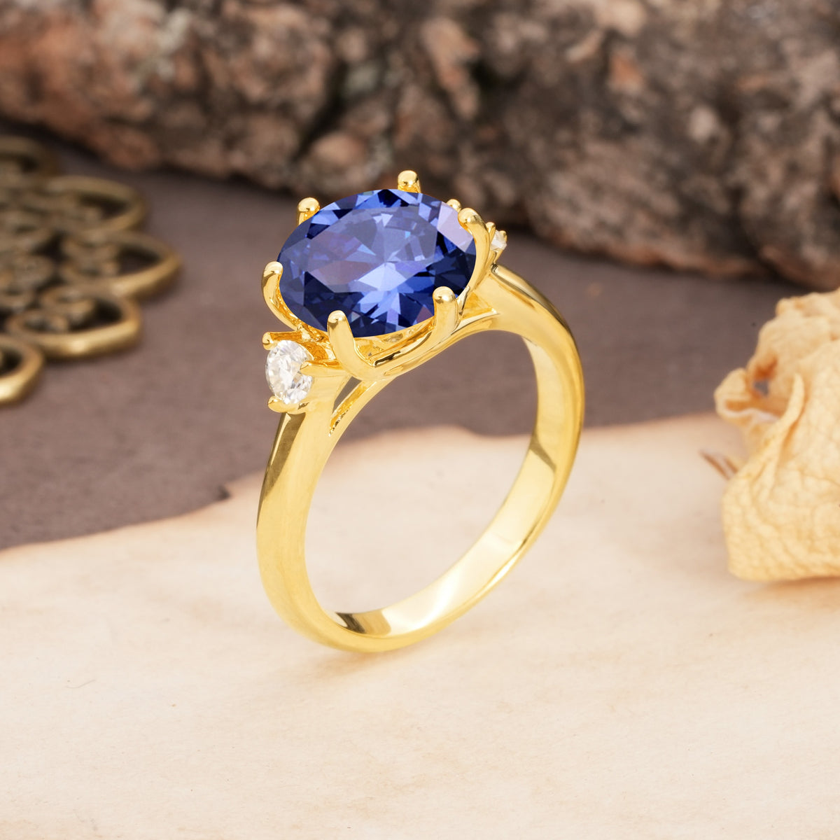 Unique and Minimalist 6-Prong Round Cut Tanzanite Three Stones Engagement Ring - Additional view